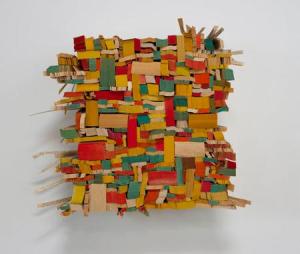 Ann Hamilton, All hold their hands, 2013, paperback book slices, wood and bookbinder's glue    12 x 12 x 4 in. Courtesy the artist and Elizabeth Leach Gallery.