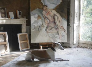 unfinished 'Portrait of the Hound,' 2011. courtesy of Lucien Freud / National Portrait Archive.